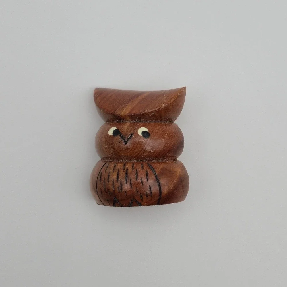 Hand Carved Wooden Owl Brooch Pin Figural Rustic Novelty Nature Forest Twee Cute